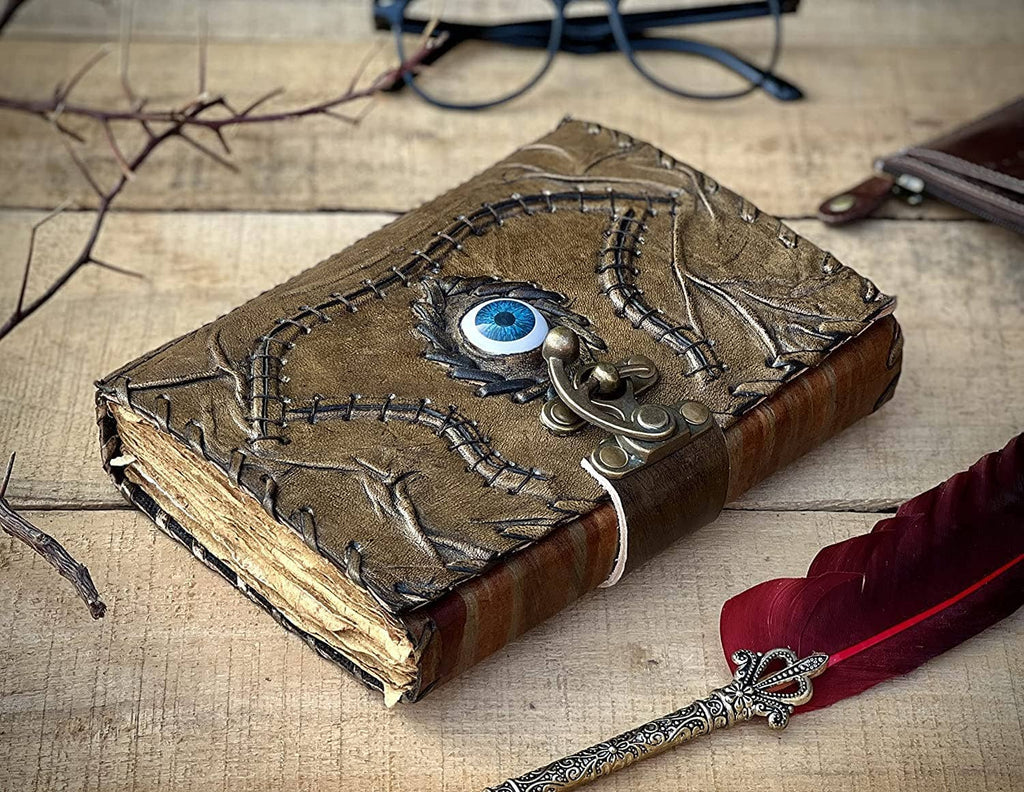 Hocus Pocus Book of Spells Leather Journal Deckle Edge Paper Grimoire Journal Third Eye Vintage Book of Shadows Seven Chakra Antique Spell Book Lock Clasp Notebook Witch