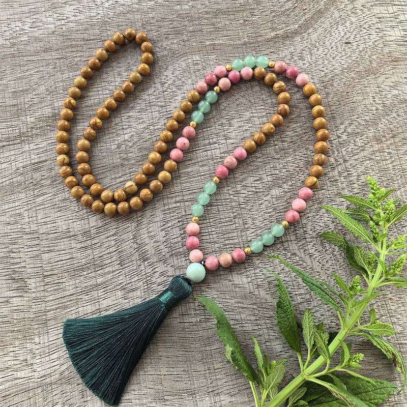 Olive Wood, Rhodonite, Green Aventurine Mala Bead Necklace