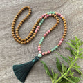 Olive Wood, Rhodonite, Green Aventurine Mala Bead Necklace