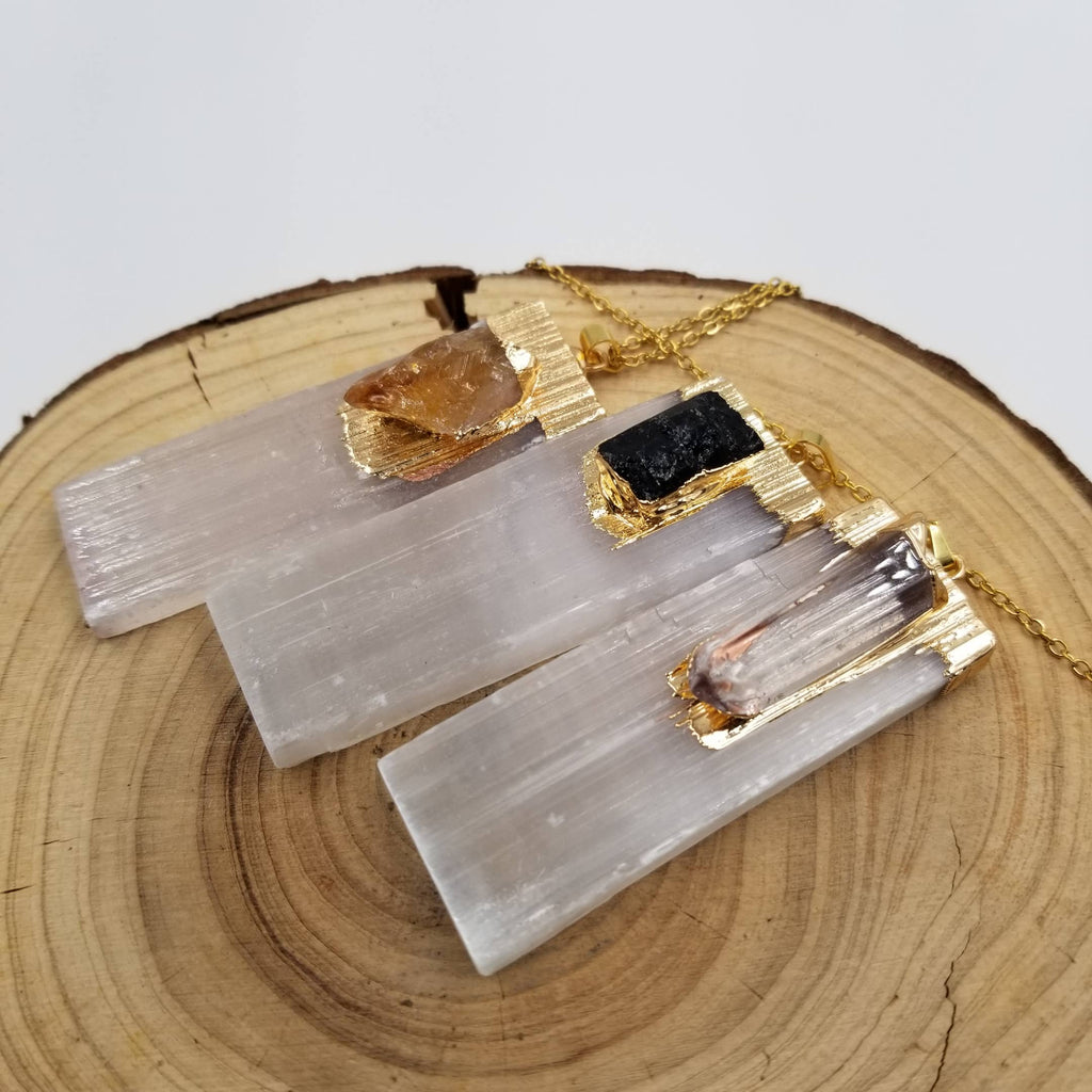 Natural Stone Inlaid Crystal Pillar Necklace
