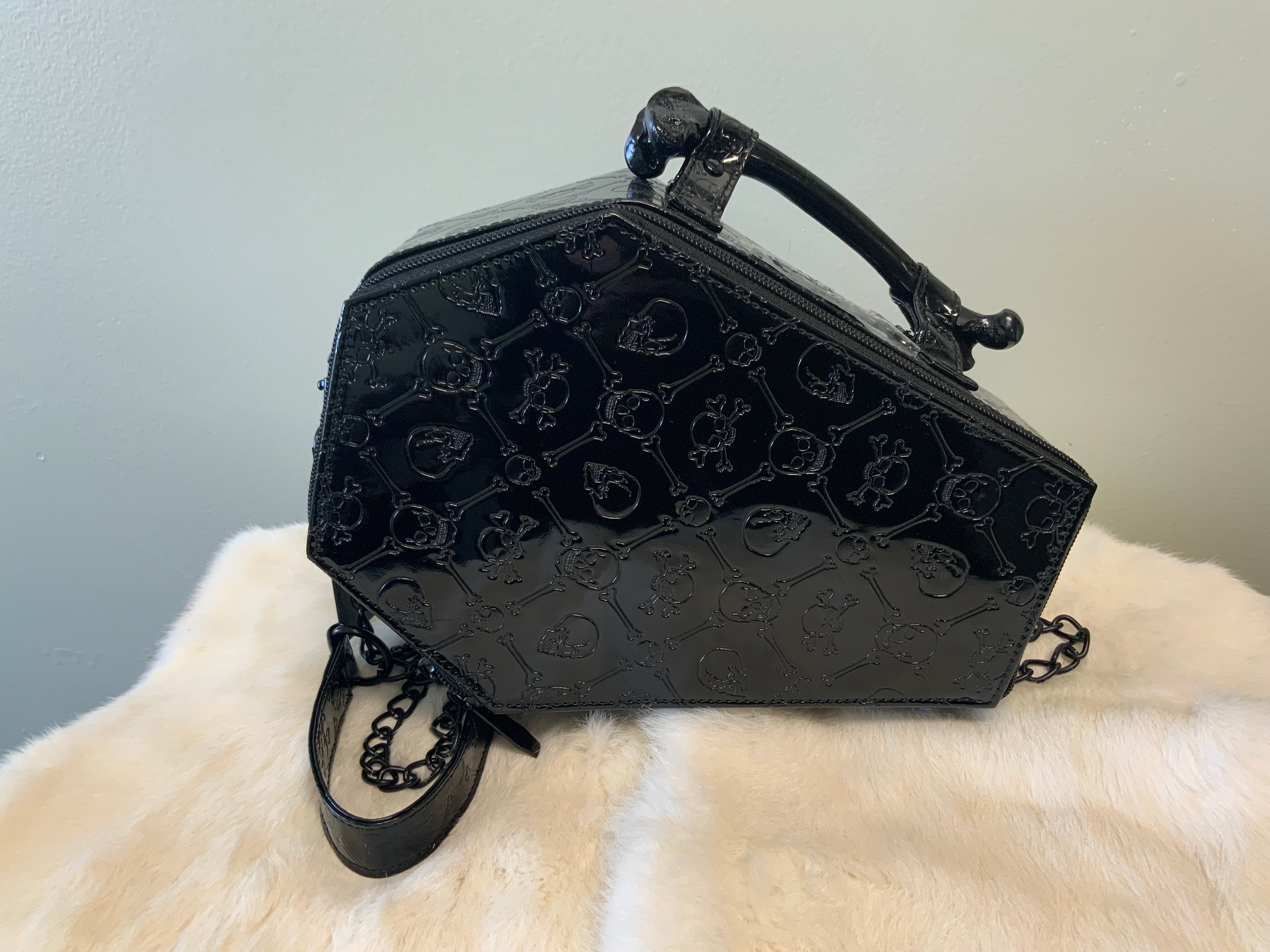 Embossed Patent Skull Crossbones Coffin Purse Bag