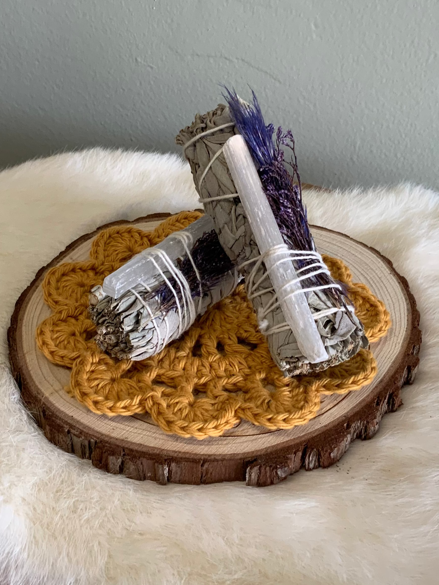 White sage, selenite, purple floral smudge