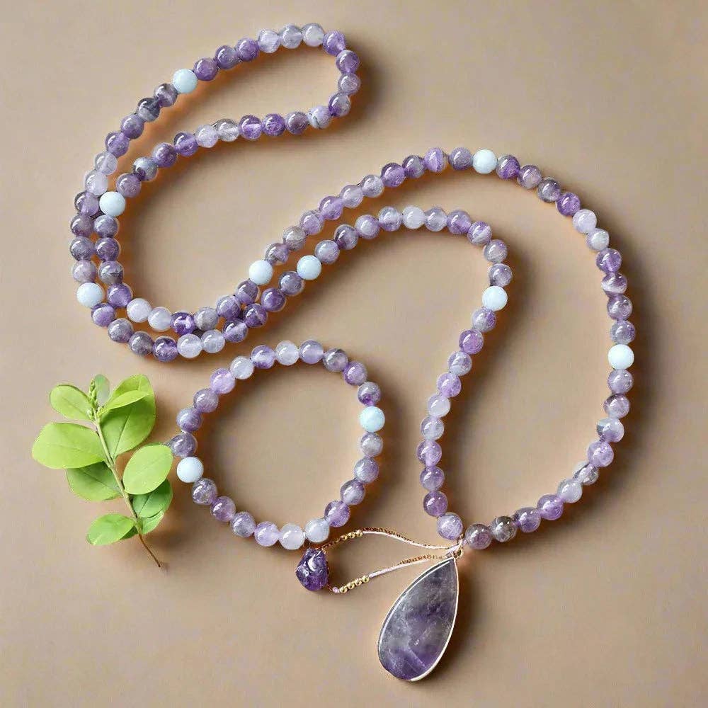 Amethyst Mala Bead Necklace With Pendant – Calmness and Chakra Balance