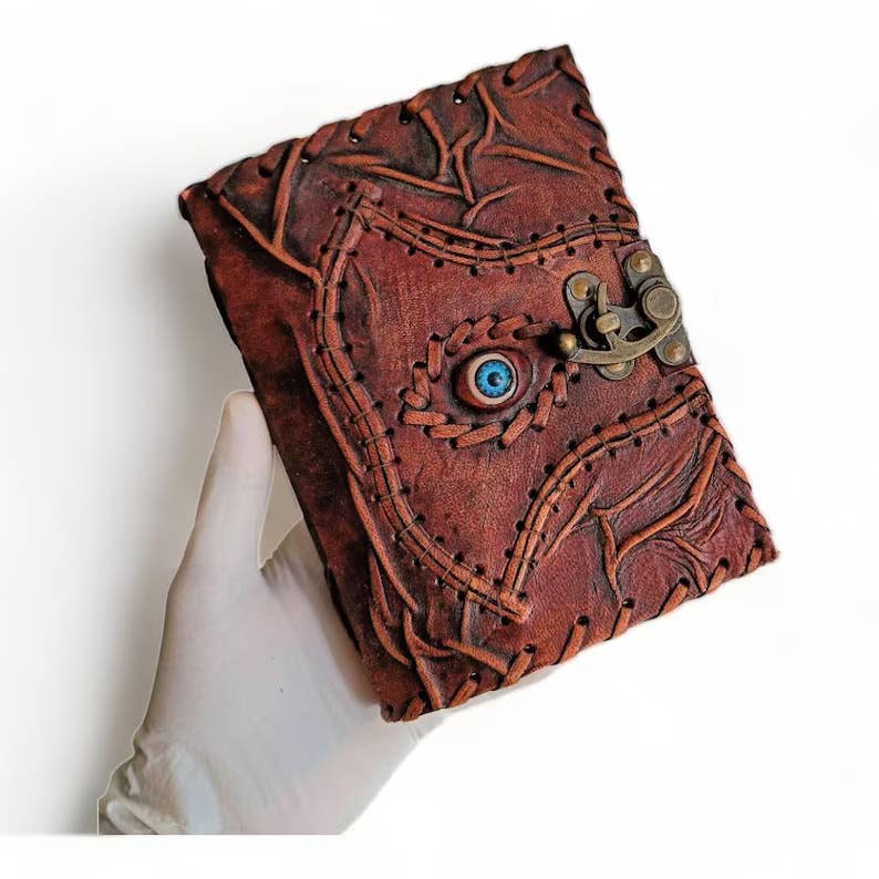 Hocus Pocus Book of Spells Leather Journal Deckle Edge Paper Grimoire Journal Third Eye Vintage Book of Shadows Seven Chakra Antique Spell Book Lock Clasp Notebook Witch