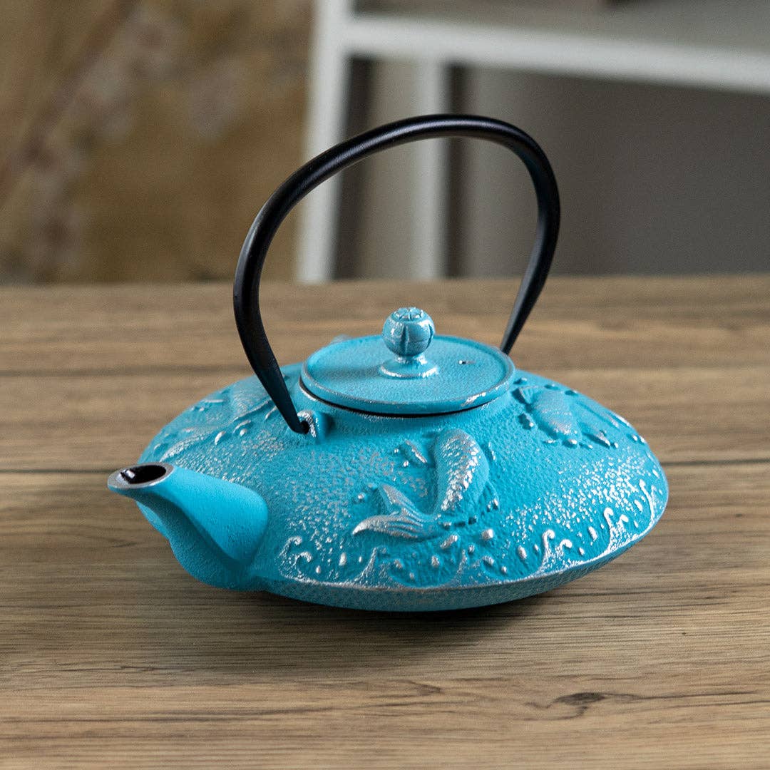 Blue Koi Fish Design 27oz Cast Iron Tea Pot (1/8)