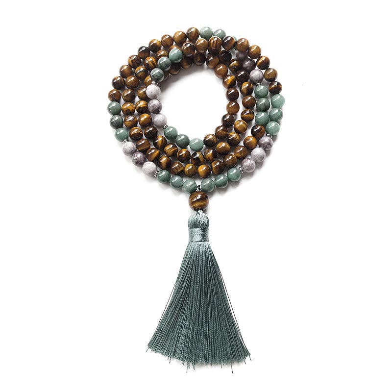 Tiger’s Eye and Green Jade Mala Bead Necklace