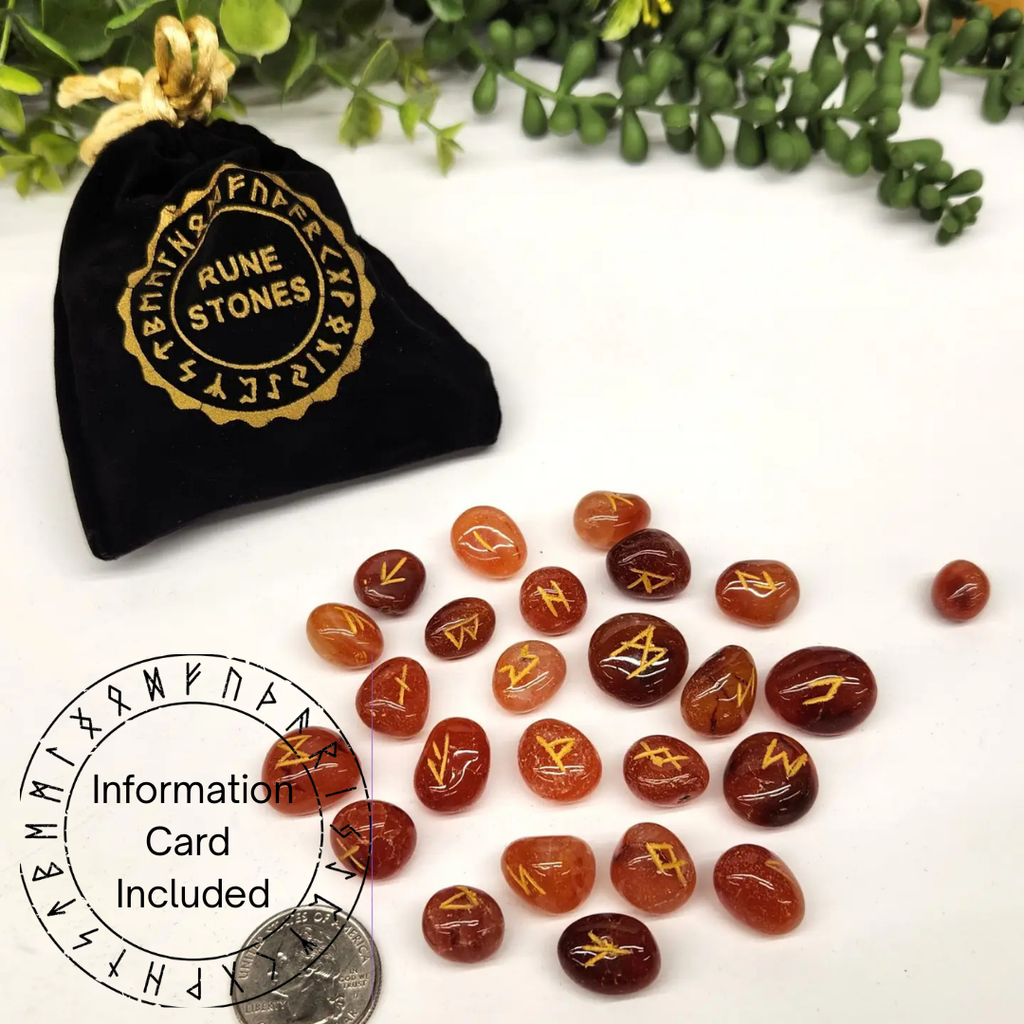 Carnelian Semi-Precious Gemstone Rune Sets with Velvet Pouch