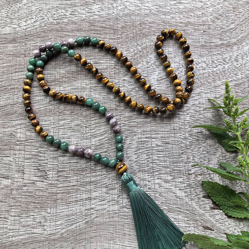 Tiger’s Eye and Green Jade Mala Bead Necklace