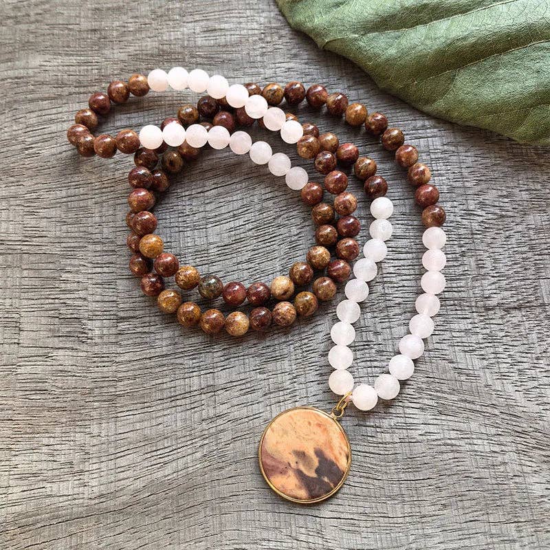 Red Jasper and Matte Rose Quartz Mala Bead Necklace