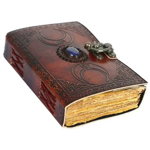 Handmade Personalized Crescent Office Home Daily Use, Hocus Pocus Poem Writing Beautiful Pure Leather Stone Leather Bound Journal Moon with Brown Stone, C-Lock for Men and Women