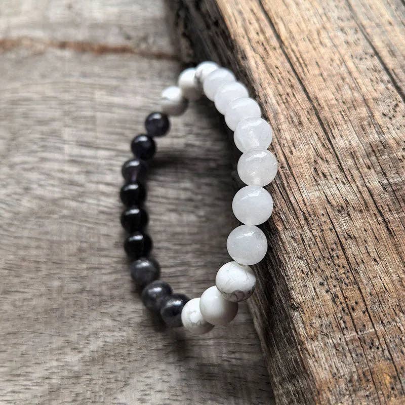 White Howlite, Black Onyx & White Quartz Mala Bead Necklace
