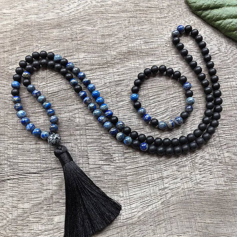 Lapis Lazuli, Black Onyx and Snowflake Obsidian Mala Bead Necklace