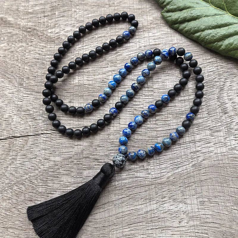 Lapis Lazuli, Black Onyx and Snowflake Obsidian Mala Bead Necklace