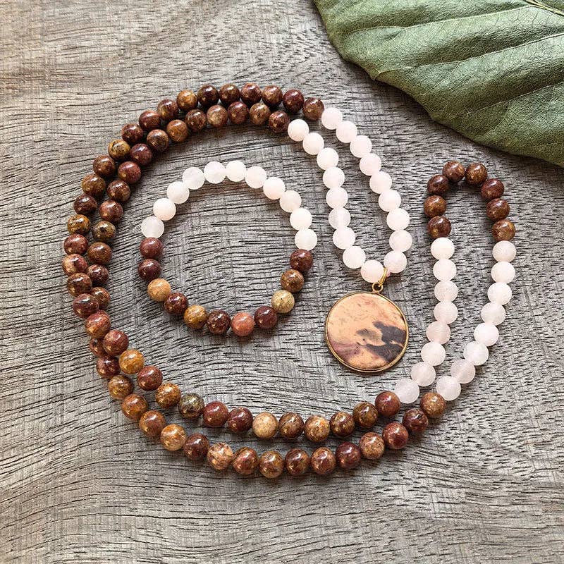 Red Jasper and Matte Rose Quartz Mala Bead Necklace