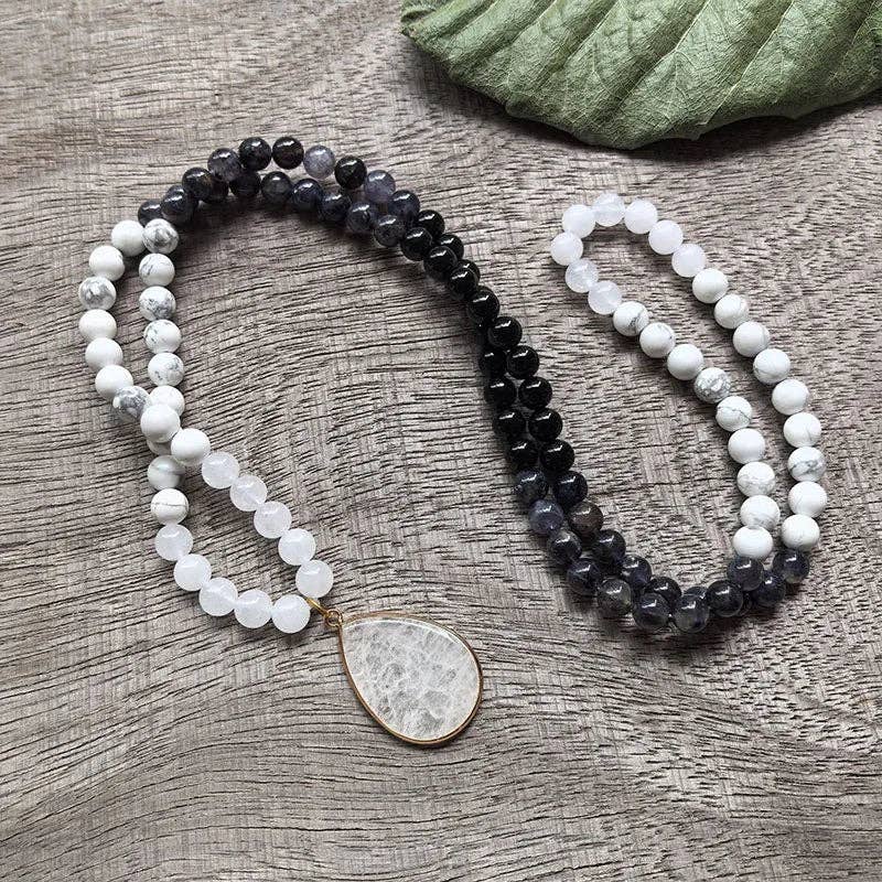 White Howlite, Black Onyx & White Quartz Mala Bead Necklace