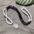 White Howlite, Black Onyx & White Quartz Mala Bead Necklace