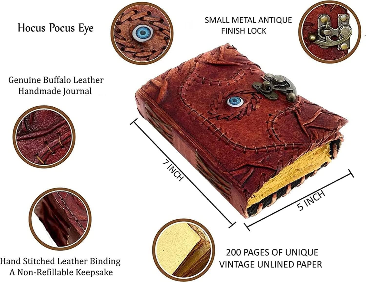 Hocus Pocus Book of Spells Leather Journal Deckle Edge Paper Grimoire Journal Third Eye Vintage Book of Shadows Seven Chakra Antique Spell Book Lock Clasp Notebook Witch