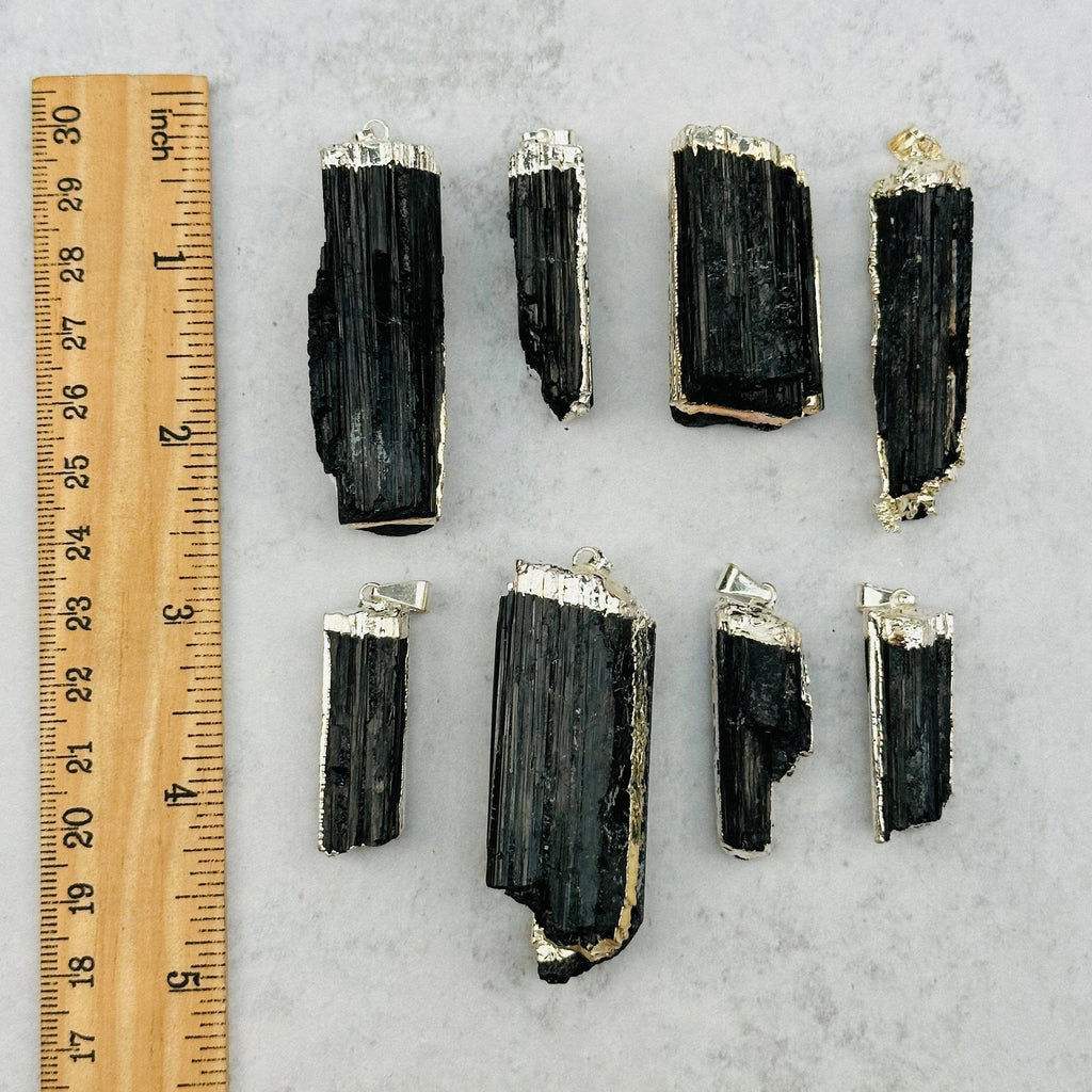 Black Tourmaline Crystal Pendant with Electroplated Silver E