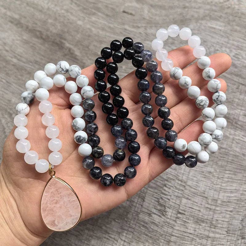 White Howlite, Black Onyx & White Quartz Mala Bead Necklace