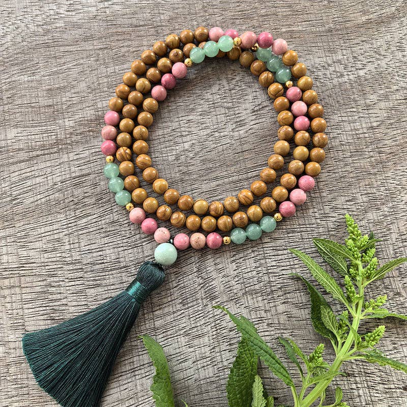 Olive Wood, Rhodonite, Green Aventurine Mala Bead Necklace