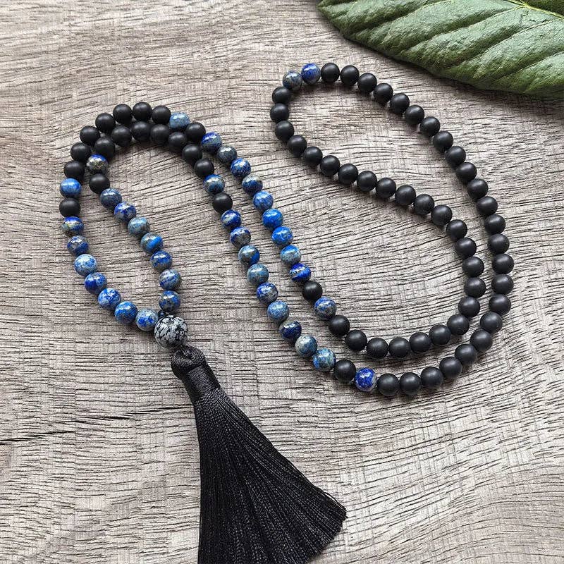 Lapis Lazuli, Black Onyx and Snowflake Obsidian Mala Bead Necklace