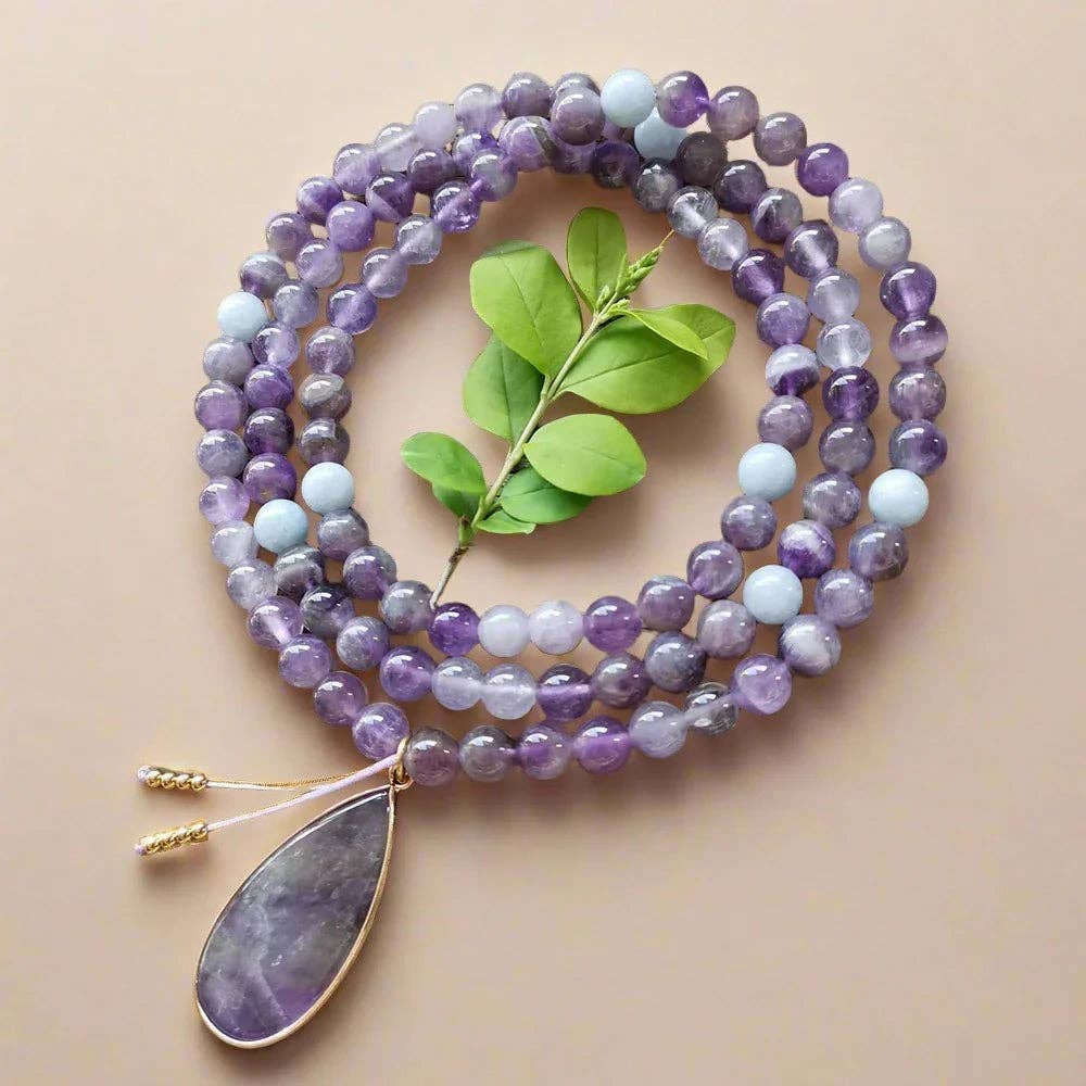 Amethyst Mala Bead Necklace With Pendant – Calmness and Chakra Balance