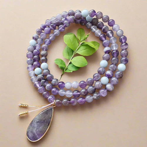 Amethyst Mala Bead Necklace With Pendant – Calmness and Chakra Balance