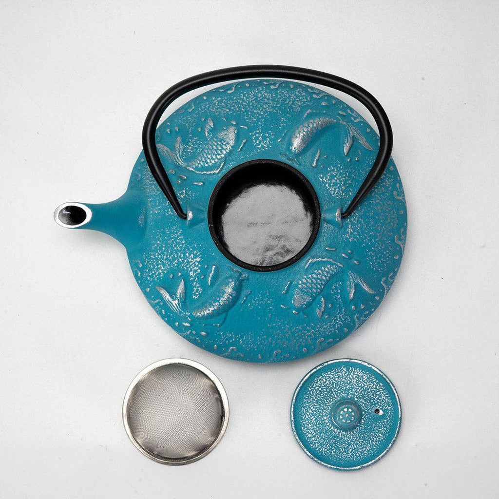 Blue Koi Fish Design 27oz Cast Iron Tea Pot (1/8)