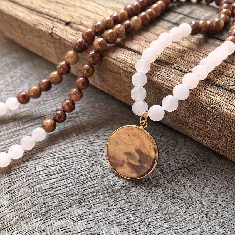 Red Jasper and Matte Rose Quartz Mala Bead Necklace
