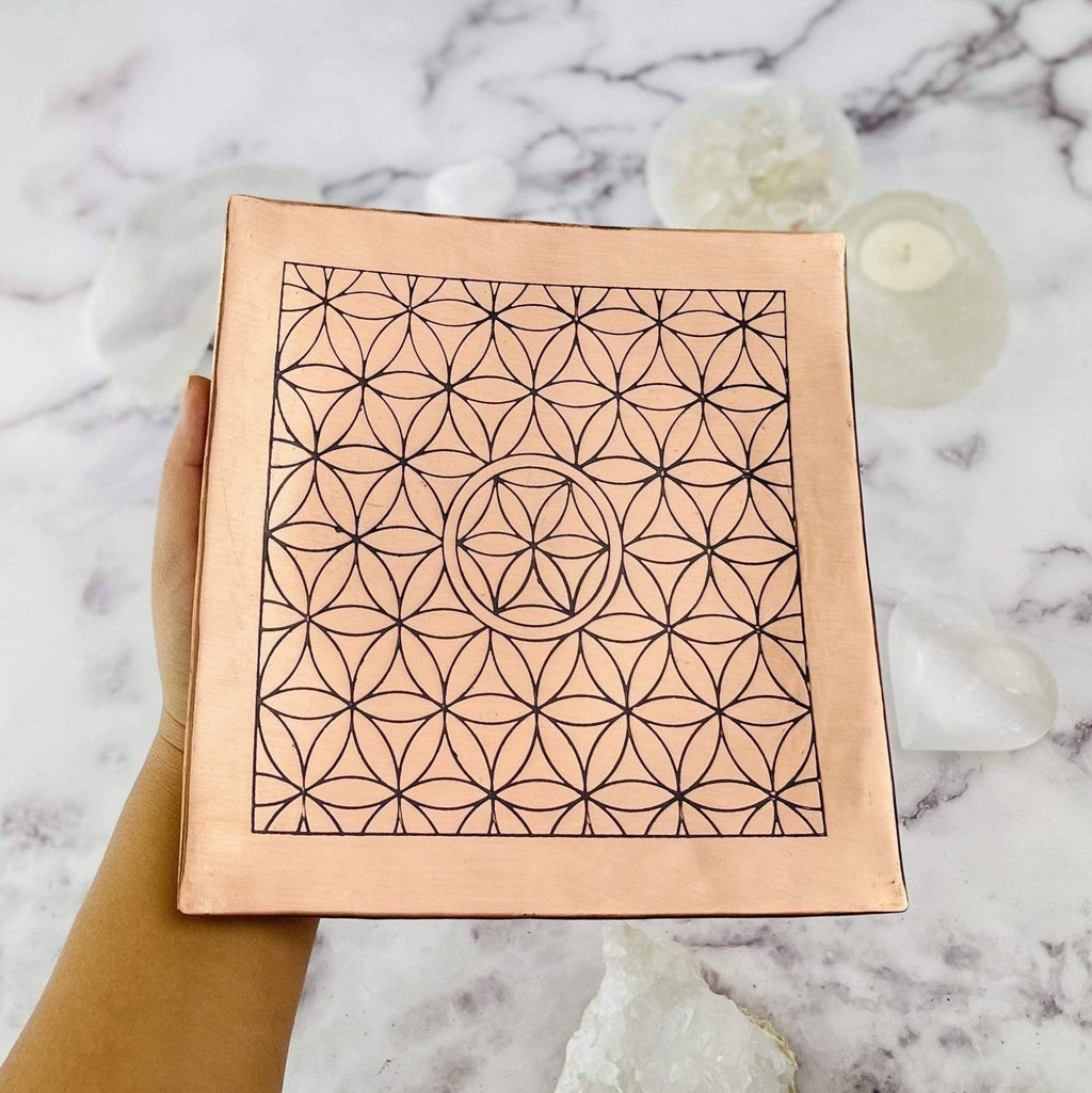 Crystal Copper Charging Plate with Flower of Life Engraving
