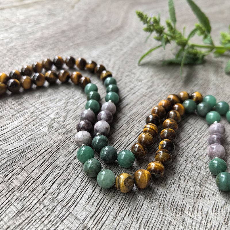 Tiger’s Eye and Green Jade Mala Bead Necklace