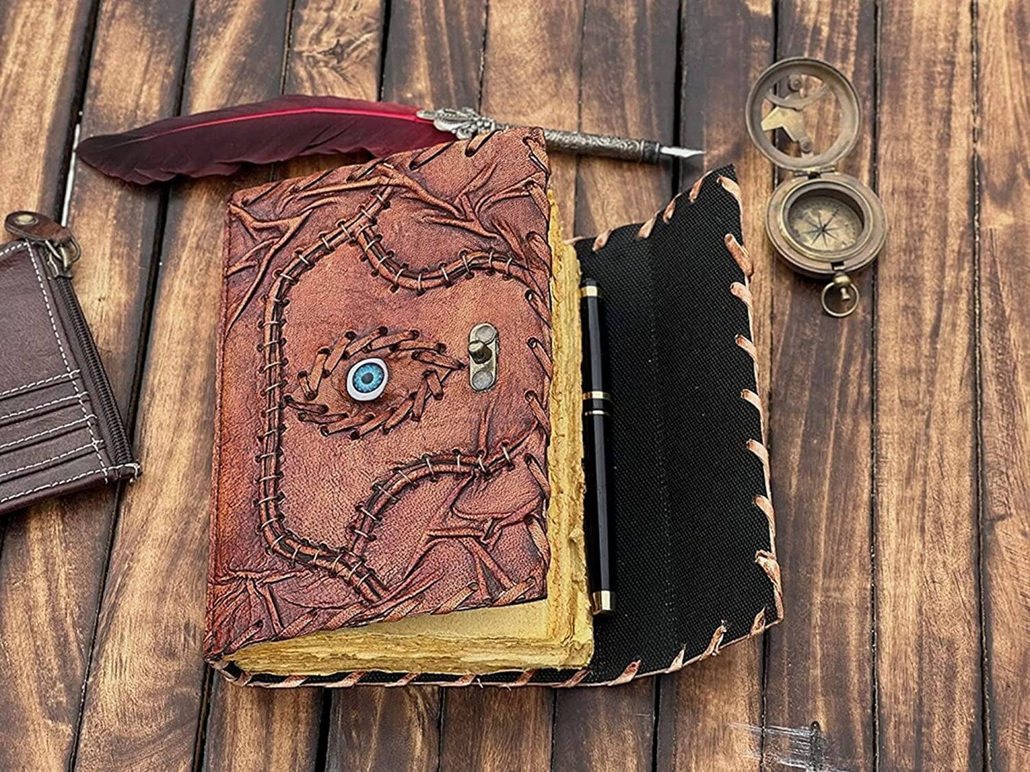 Hocus Pocus Book of Spells Leather Journal Deckle Edge Paper Grimoire Journal Third Eye Vintage Book of Shadows Seven Chakra Antique Spell Book Lock Clasp Notebook Witch