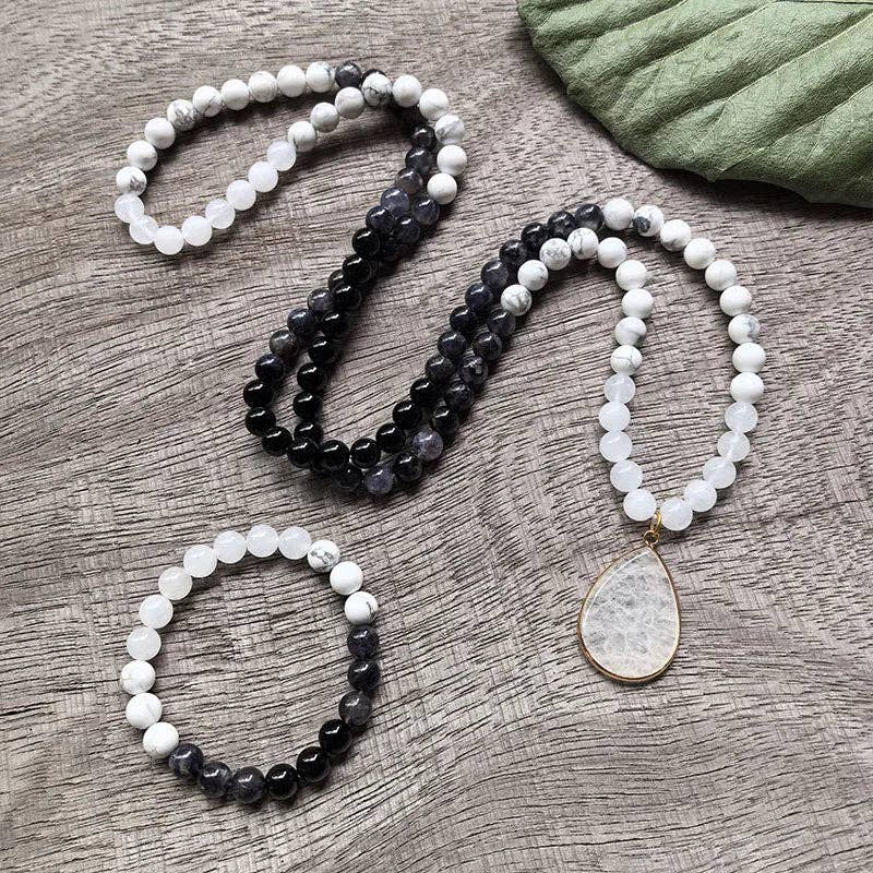 White Howlite, Black Onyx & White Quartz Mala Bead Necklace