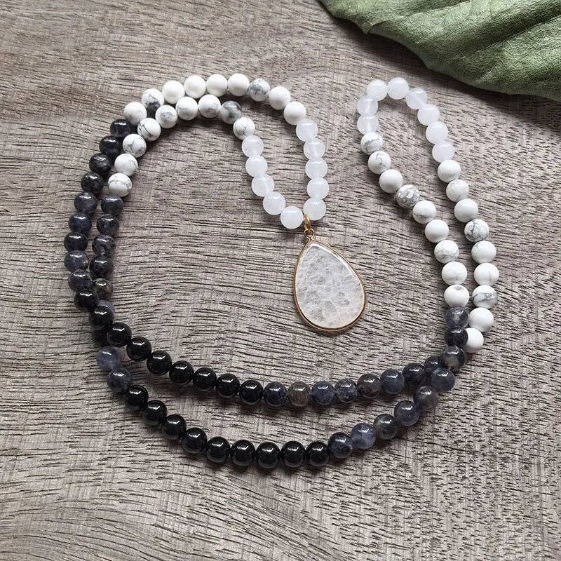White Howlite, Black Onyx & White Quartz Mala Bead Necklace
